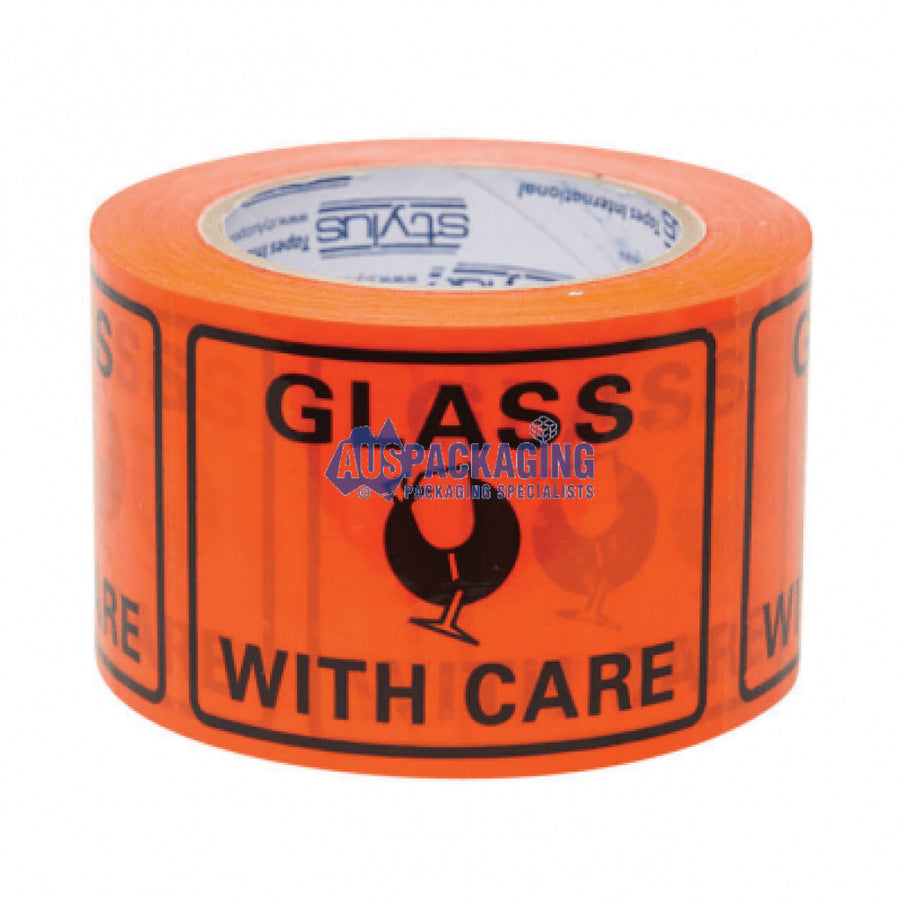 Stylus Perforated Label Tape- Glass With Care-75Mm-Black/Orange Fluorescent (Gwcta) Tape