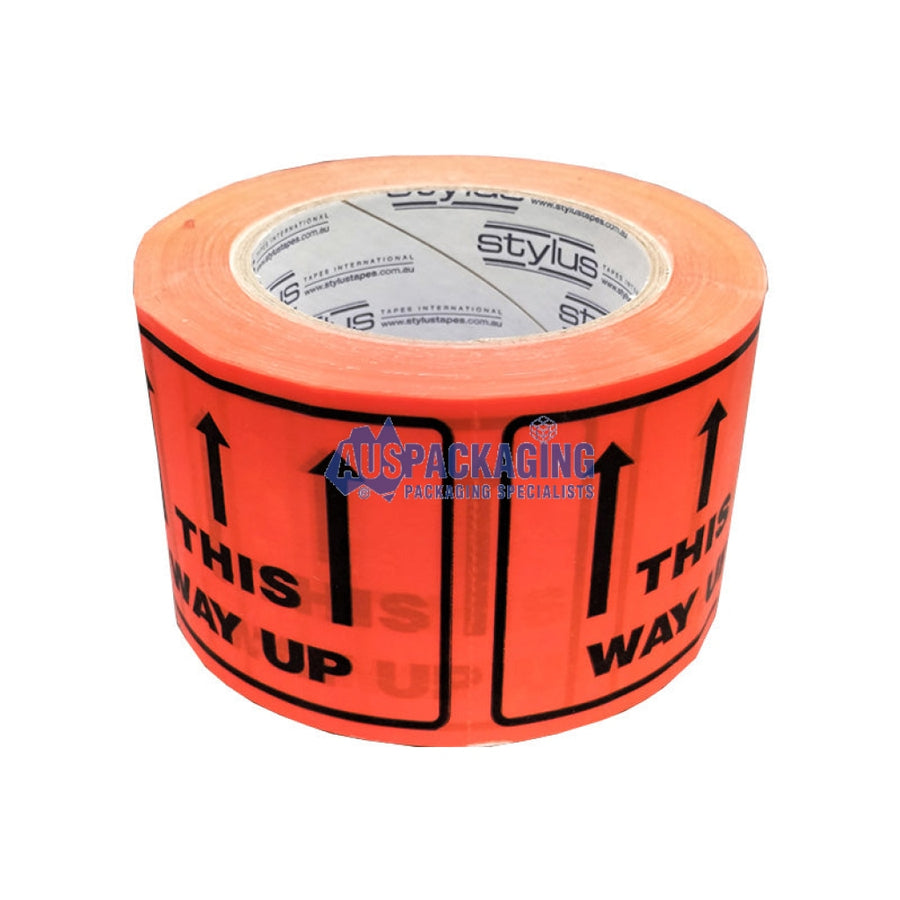 Stylus Perforated Label Tape-This Way Up-75Mm-Black/Orange Fluorescent (Twuta) Tape